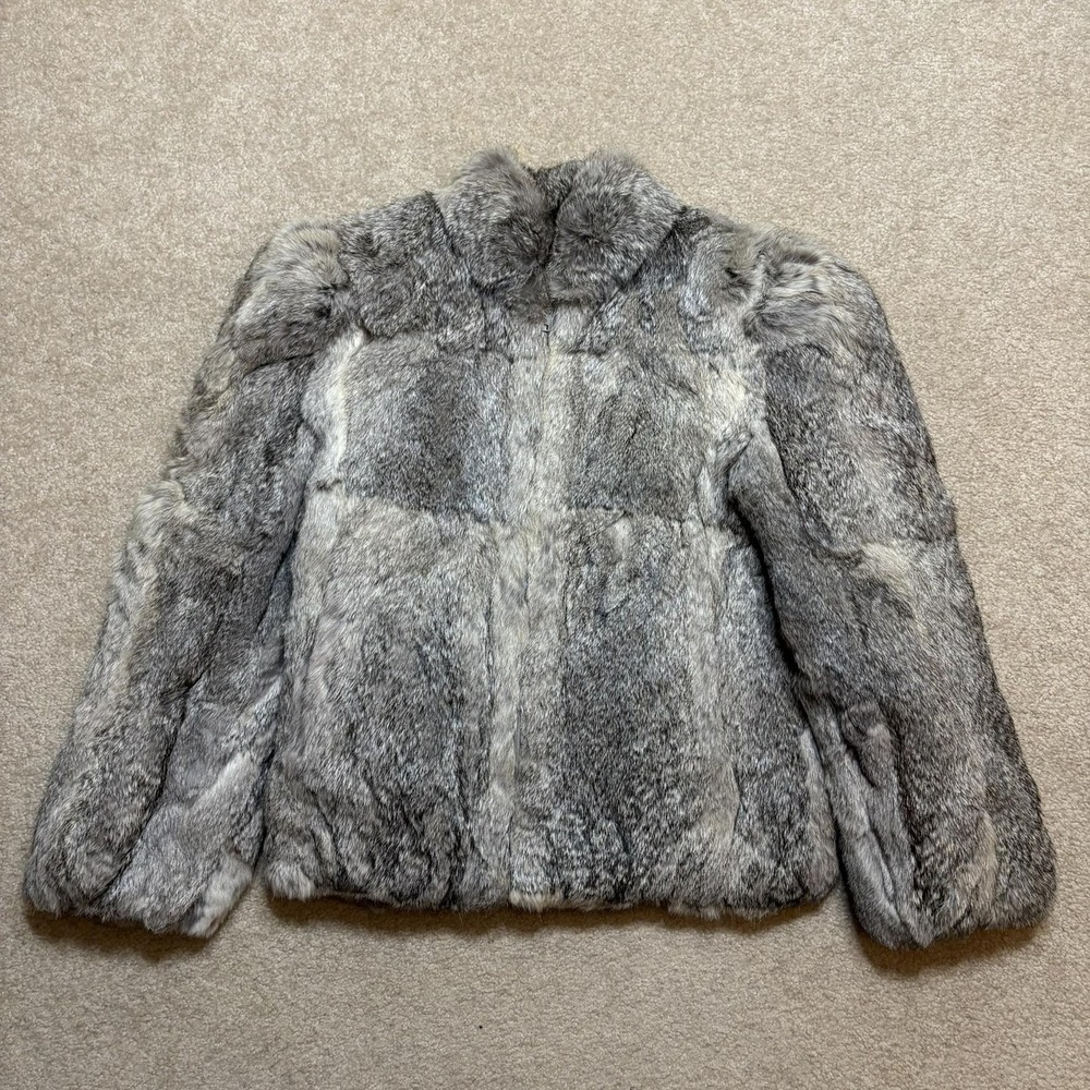 Vtg Caravelle Rabbit Fur Coat Womens 14 Gray Full Zip Quilted Lined Jacket